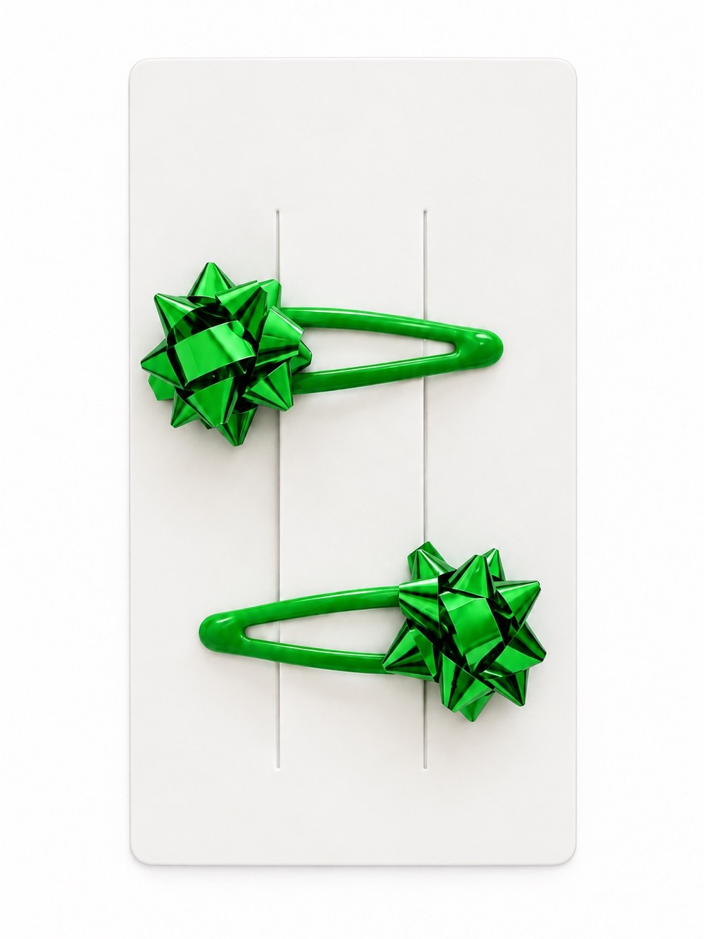 Two Green Christmas Gift Wrap Bow Coquette Coated Metal Snap Clip Barrette Pair
